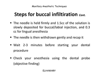 Maxillary Anesthetic Techniques


   Steps for buccal infiltiration Cont.
 The needle is held firmly and 1.5cc of the sol...