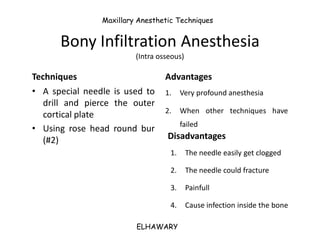 Maxillary Anesthetic Techniques


      Bony Infiltration Anesthesia
                         (Intra osseous)

Techniques ...