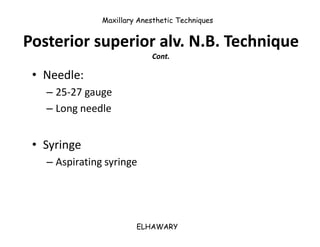 Maxillary Anesthetic Techniques


Posterior superior alv. N.B. Technique
                   alv.
                         ...