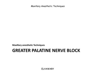 Maxillary Anesthetic Techniques




Maxillary anesthetic Techniques

GREATER PALATINE NERVE BLOCK


                      ...