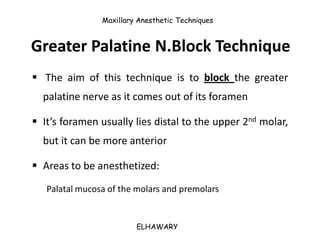 Maxillary Anesthetic Techniques


Greater Palatine N.Block Technique
 The aim of this technique is to block the greater
 ...