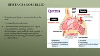 • Refers to nose bleed or hemorrhage from the
nose.
• Two types based on location.
• Treatments to be considered include topical
vasoconstriction, chemical cautery,
electrocautery, nasal packing (nasal tampon or
gauze impregnated with petroleum jelly),
posterior gauze packing, and arterial ligation
or embolization.
EPISTAXIS ( NOSE BLEED)
 