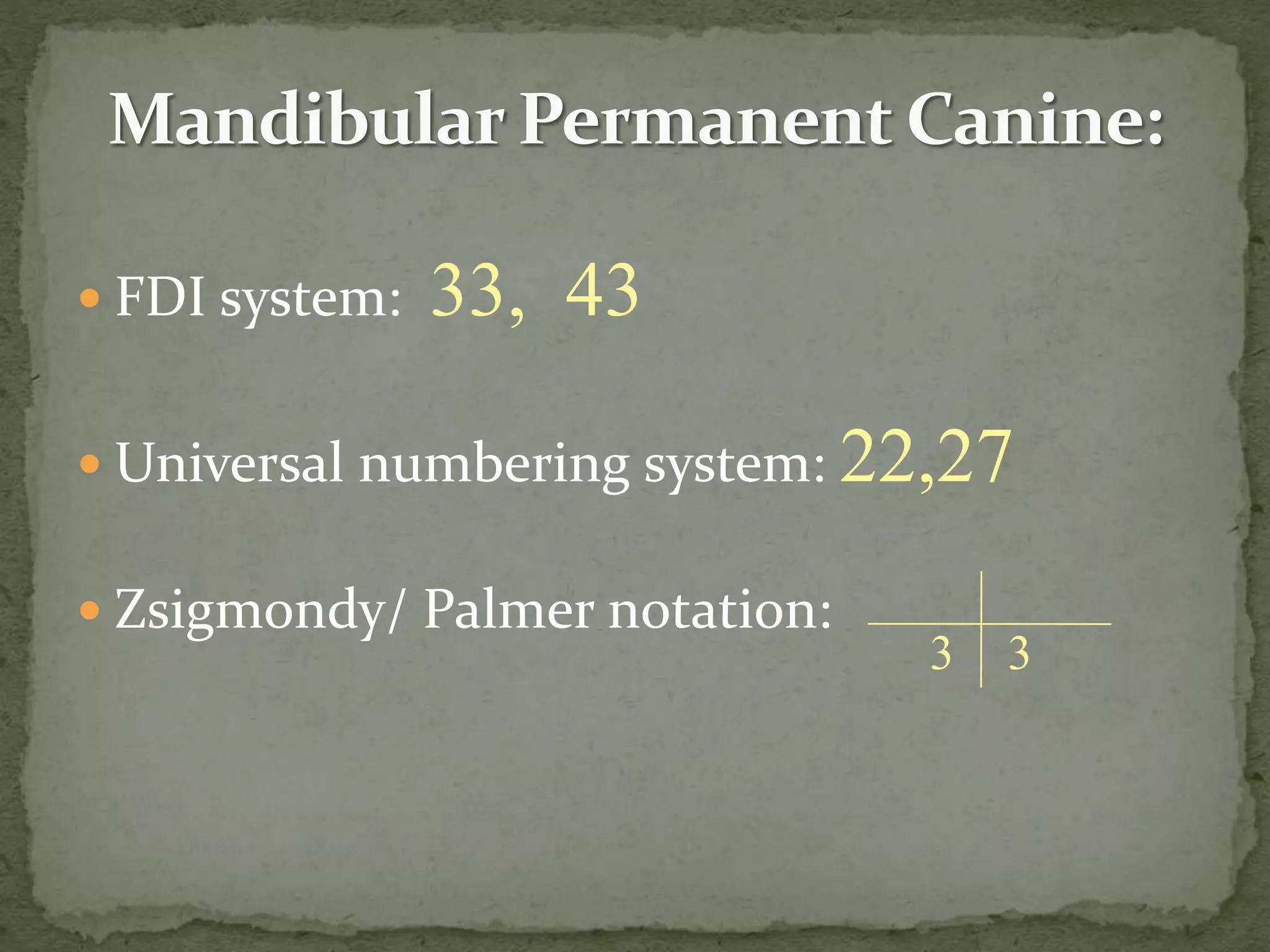  FDI system: 33, 43
 Universal numbering system: 22,27
 Zsigmondy/ Palmer notation:
3 3
 