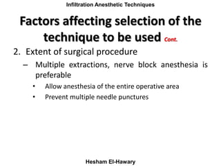 Maxillay Infiltration Anesthetic Techniques
Hesham El-Hawary
Factors affecting selection of the
technique to be used Cont....