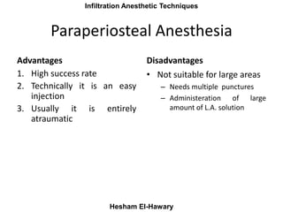 Maxillay Infiltration Anesthetic Techniques
Hesham El-Hawary
Paraperiosteal Anesthesia
Advantages
1. High success rate
2. ...
