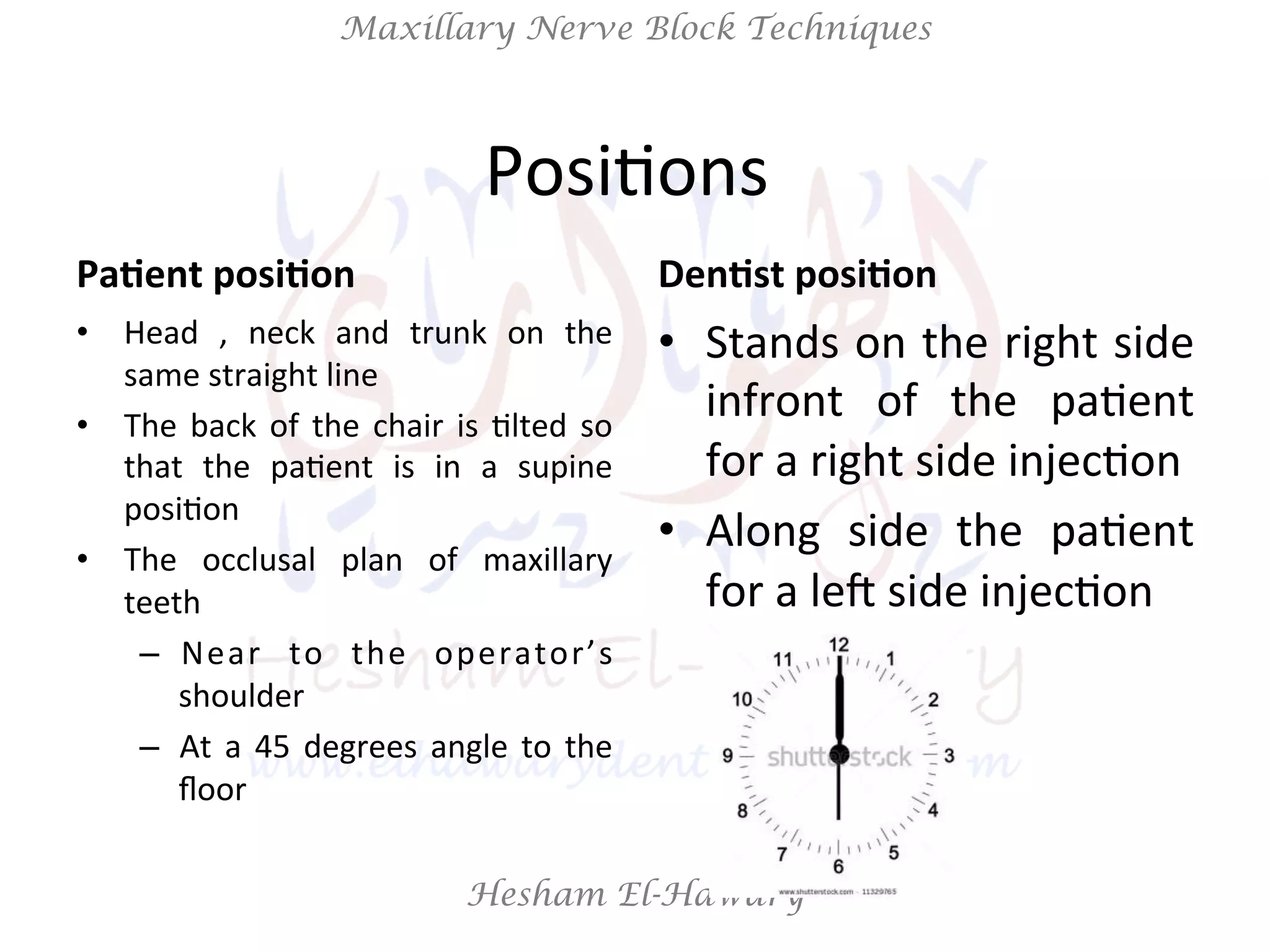Hesham El-Hawary
Maxillary Nerve Block Techniques
PosiNons	
  	
  
Pa/ent	
  posi/on	
  
•  Head	
   ,	
   neck	
   and	
   trunk	
   on	
   the	
  
same	
  straight	
  line	
  
•  The	
  back	
  of	
  the	
  chair	
  is	
  Nlted	
  so	
  
that	
   the	
   paNent	
   is	
   in	
   a	
   supine	
  
posiNon	
  
•  The	
   occlusal	
   plan	
   of	
   maxillary	
  
teeth	
  	
  
–  Near	
   to	
   the	
   operator’s	
  
shoulder	
  
–  At	
  a	
  45	
  degrees	
  angle	
  to	
  the	
  
ﬂoor	
  
Den/st	
  posi/on	
  
•  Stands	
  on	
  the	
  right	
  side	
  
infront	
   of	
   the	
   paNent	
  
for	
  a	
  right	
  side	
  injecNon	
  	
  
•  Along	
   side	
   the	
   paNent	
  
for	
  a	
  leV	
  side	
  injecNon	
  
 