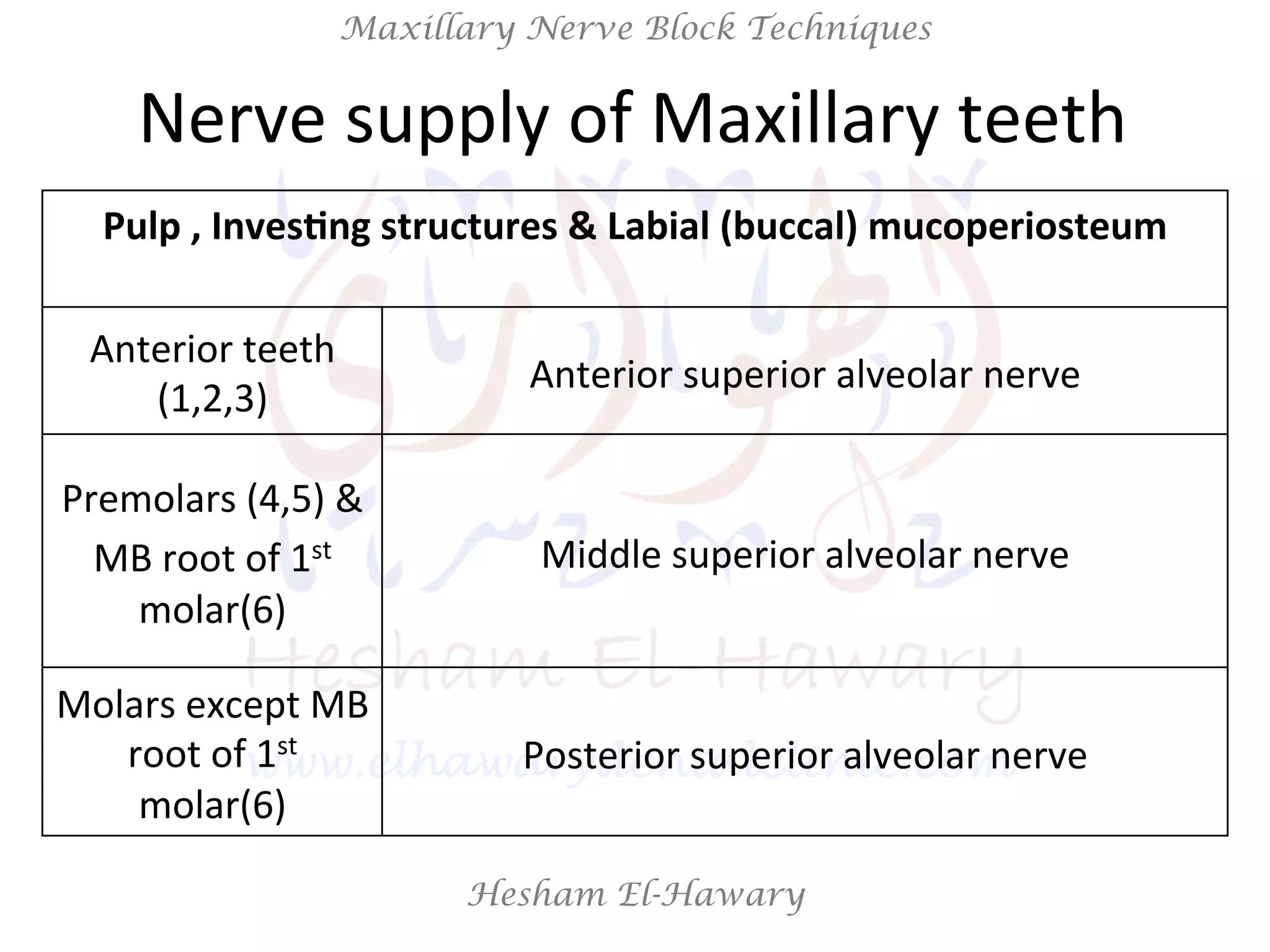 Hesham El-Hawary
Maxillary Nerve Block Techniques
Pulp	
  ,	
  Inves/ng	
  structures	
  &	
  Labial	
  (buccal)	
  mucoperiosteum
Anterior	
  superior	
  alveolar	
  nerve
Anterior	
  teeth	
  
(1,2,3)
Middle	
  superior	
  alveolar	
  nerve
Premolars	
  (4,5)	
  &	
  	
  
MB	
  root	
  of	
  1st	
  
molar(6)
Posterior	
  superior	
  alveolar	
  nerve
Molars	
  except	
  MB	
  
root	
  of	
  1st	
  
molar(6)
Nerve	
  supply	
  of	
  Maxillary	
  teeth	
  
 