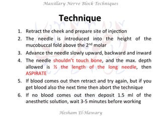 Hesham El-Hawary
Maxillary Nerve Block Techniques
Technique	
  	
  
1.  Retract	
  the	
  cheek	
  and	
  prepare	
  site	
  of	
  injecNon	
  
2.  The	
   needle	
   is	
   introduced	
   into	
   the	
   height	
   of	
   the	
  
mucobuccal	
  fold	
  above	
  the	
  2nd	
  molar	
  
3.  Advance	
  the	
  needle	
  slowly	
  upward,	
  backward	
  and	
  inward	
  
4.  The	
   needle	
   shouldn’t	
   touch	
   bone,	
   and	
   the	
   max.	
   depth	
  
allowed	
   is	
   ½	
   the	
   length	
   of	
   the	
   long	
   needle,	
   then	
  
ASPIRATE	
  
5.  If	
  blood	
  comes	
  out	
  then	
  retract	
  and	
  try	
  again,	
  but	
  if	
  you	
  
get	
  blood	
  also	
  the	
  next	
  Nme	
  then	
  abort	
  the	
  technique	
  
6.  If	
   no	
   blood	
   comes	
   out	
   then	
   deposit	
   1.5	
   ml	
   of	
   the	
  
anestheNc	
  soluNon,	
  wait	
  3-­‐5	
  minutes	
  before	
  working	
  
 