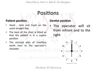 Hesham El-Hawary
Maxillary Nerve Block Techniques
PosiNons	
  
Pa/ent	
  posi/on	
  
•  Head	
   ,	
   neck	
   and	
   trunk	
   on	
   the	
  
same	
  straight	
  line	
  
•  The	
  back	
  of	
  the	
  chair	
  is	
  Nlted	
  so	
  
that	
   the	
   paNent	
   is	
   in	
   a	
   supine	
  
posiNon	
  
•  The	
   occlusal	
   plan	
   of	
   maxillary	
  
teeth	
   near	
   to	
   the	
   operator’s	
  
shoulder	
  
Den/st	
  posi/on	
  
•  The	
   operator	
   will	
   sit	
  
from	
  infront	
  and	
  to	
  the	
  
right	
  
 
