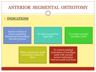 ANTERIOR SEGMENTAL OSTEOTOMY
 INDICATIONS
Excess vertical or
antero-posterior
dimension of maxillary
alveolar process
To close an anterior
open bite
To retract anterior
maxillary teeth
When orthodontic teeth
movement cannot be
done
To correct marked
protrusion of maxillary
teeth with normal
incisor inclination
between teeth and bone
 