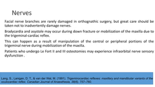 Nerves
Facial nerve branches are rarely damaged in orthognathic surgery, but great care should be
taken not to inadvertently damage nerves.
Bradycardia and asystole may occur during down fracture or mobilization of the maxilla due to
the trigeminal‐cardiac reflex.
This can happen as a result of manipulation of the central or peripheral portions of the
trigeminal nerve during mobilization of the maxilla.
Patients who undergo Le Fort II and III osteotomies may experience infraorbital nerve sensory
dysfunction .
Lang, S., Lanigan, D. T., & van der Wal, M. (1991). Trigeminocardiac reflexes: maxillary and mandibular variants of the
oculocardiac reflex. Canadian Journal of Anaesthesia, 38(6), 757–760.
 