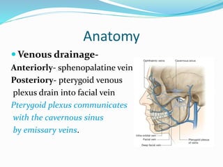Anatomy
 Venous drainage-
Anteriorly- sphenopalatine vein
Posteriory- pterygoid venous
plexus drain into facial vein
Pterygoid plexus communicates
with the cavernous sinus
by emissary veins.
 
