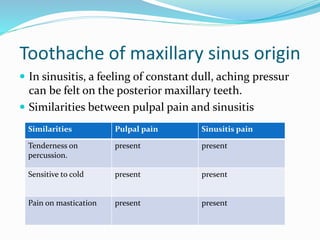 Toothache of maxillary sinus origin
 In sinusitis, a feeling of constant dull, aching pressur
can be felt on the posterior maxillary teeth.
 Similarities between pulpal pain and sinusitis
Similarities Pulpal pain Sinusitis pain
Tenderness on
percussion.
present present
Sensitive to cold present present
Pain on mastication present present
 
