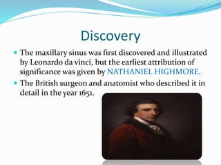Discovery
 The maxillary sinus was first discovered and illustrated
by Leonardo da vinci, but the earliest attribution of
significance was given by NATHANIEL HIGHMORE.
 The British surgeon and anatomist who described it in
detail in the year 1651.
 