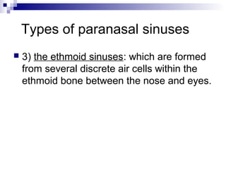Types of paranasal sinuses
 3) the ethmoid sinuses: which are formed
from several discrete air cells within the
ethmoid bone between the nose and eyes.
 