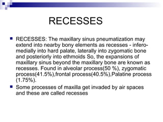 RECESSES
 RECESSES: The maxillary sinus pneumatization may
extend into nearby bony elements as recesses - infero-
medially into hard palate, laterally into zygomatic bone
and posteriorly into ethmoids So, the expansions of
maxillary sinus beyond the maxillary bone are known as
recesses. Found in alveolar process(50 %), zygomatic
process(41.5%),frontal process(40.5%),Palatine process
(1.75%).
 Some processes of maxilla get invaded by air spaces
and these are called recesses
 