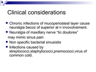Clinical considerations
 Chronic infections of mucoperiosteal layer cause
neuralgia becoz of superior al n invovolvement.
 Neuralgia of maxillary nerve “tic doulorex”
may mimic sinus pain
 Non specific bacterial sinusistis
 Infections caused by
streptococci,staphylococci,pnemococci,virus of
common cold.
 