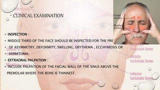 CLINICAL EXAMINATION
• INSPECTION :
• MIDDLE THIRD OF THE FACE SHOULD BE INSPECTED FOR THE PRESENCE
• OF ASYMMETRY, DEFORMITY, SWELLING, ERYTHEMA , ECCHYMOSIS OR
• HEMATOMA.
• EXTRAORAL PALPATION :
• INCLUDE PALPATION OF THE FACIAL WALL OF THE SINUS ABOVE THE
PREMOLAR WHERE THE BONE IS THINNEST.
 