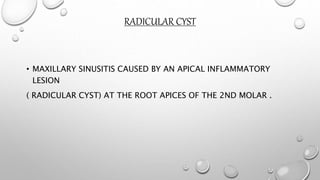 RADICULAR CYST
• MAXILLARY SINUSITIS CAUSED BY AN APICAL INFLAMMATORY
LESION
( RADICULAR CYST) AT THE ROOT APICES OF THE 2ND MOLAR .
 