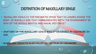 DEFINITION OF MAXILLARY SINUS
• “MAXILLARY SINUS IS THE PNEUMATIC SPACE THAT IS LODGED INSIDE THE
BODY OF MAXILLA AND THAT COMMUNICATES WITH THE ENVIRONMENT BY
WAY OF THE MIDDLE MEATUS AND NASAL VESTIBULE.”
• ANATOMY OF THE MAXILLARY SINUS WAS 1ST DESCRIBED BY HIGHMORE IN
1651.
• MAXILLARY SINUS IS ALSO CALLED AS “ANTRUM OF HIGHMORE”.
 