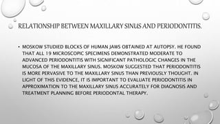 RELATIONSHIP BETWEEN MAXILLARY SINUS AND PERIODONTITIS.
• MOSKOW STUDIED BLOCKS OF HUMAN JAWS OBTAINED AT AUTOPSY. HE FOUND
THAT ALL 19 MICROSCOPIC SPECIMENS DEMONSTRATED MODERATE TO
ADVANCED PERIODONTITIS WITH SIGNIFICANT PATHOLOGIC CHANGES IN THE
MUCOSA OF THE MAXILLARY SINUS. MOSKOW SUGGESTED THAT PERIODONTITIS
IS MORE PERVASIVE TO THE MAXILLARY SINUS THAN PREVIOUSLY THOUGHT. IN
LIGHT OF THIS EVIDENCE, IT IS IMPORTANT TO EVALUATE PERIODONTITIS IN
APPROXIMATION TO THE MAXILLARY SINUS ACCURATELY FOR DIAGNOSIS AND
TREATMENT PLANNING BEFORE PERIODONTAL THERAPY.
 