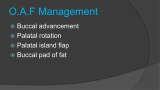 O.A.F Management
 Buccal advancement
 Palatal rotation
 Palatal island flap
 Buccal pad of fat
 