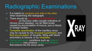 Radiographic Examinations
 It is helpful to compare one side to the other
when examining the radiograph.
 There should be no evidence of thickened
mucosa on the bony walls (usually indicative of
chronic sinus disease), nor air filled levels
caused by accumulation of mucus, pus or blood,
or foreign bodies.
 Complete opacification of the maxillary sinus
may be caused by the mucosal hypertrophy and
fluid accumulation of sinusitis, filling with blood
secondary to trauma, or by neoplasia.
 Dental pathologic conditions such as cysts or
granulomas may produce radiolucent lesions
that extend into the sinus cavity
 