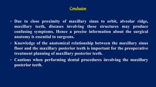 Conclusion
 Due to close proximity of maxillary sinus to orbit, alveolar ridge,
maxillary teeth, diseases involving these structures may produce
confusing symptoms. Hence a precise information about the surgical
anatomy is essential to surgeons.
 Knowledge of the anatomical relationship between the maxillary sinus
floor and the maxillary posterior teeth is important for the preoperative
treatment planning of maxillary posterior teeth.
 Cautious when performing dental procedures involving the maxillary
posterior teeth.
 