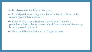 • 5. Involvement of the floor of the sinus
• a. Painful/painless swelling in the buccal sulcus in relation to the
maxillary premolars and molars.
• b. Occasionally when a freshly extracted tooth (maxillary
premolar/molar) socket is present, a proliferative mass of tissue may
be seen protruding from it.
• c. Tooth mobility in relation to the fungating mass.
 