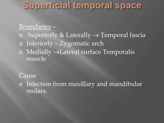 Boundaries –
 Superiorly & Laterally  Temporal fascia
 Inferiorly – Zygomatic arch
 Medially Lateral surface Temporalis
muscle
Cause
 Infection from maxillary and mandibular
molars.
 