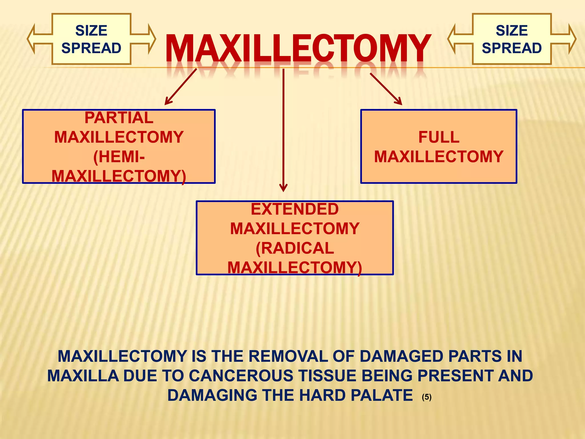 MAXILLECTOMY
PARTIAL
MAXILLECTOMY
(HEMI-
MAXILLECTOMY)
FULL
MAXILLECTOMY
MAXILLECTOMY IS THE REMOVAL OF DAMAGED PARTS IN
MAXILLA DUE TO CANCEROUS TISSUE BEING PRESENT AND
DAMAGING THE HARD PALATE
SIZE
SPREAD
(5)
EXTENDED
MAXILLECTOMY
(RADICAL
MAXILLECTOMY)
SIZE
SPREAD
 