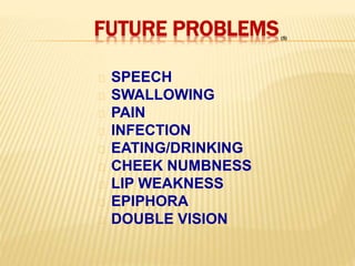 FUTURE PROBLEMS
SPEECH
SWALLOWING
PAIN
INFECTION
EATING/DRINKING
CHEEK NUMBNESS
LIP WEAKNESS
EPIPHORA
DOUBLE VISION
(5)
 