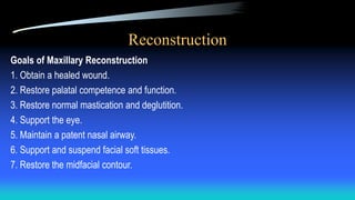 Reconstruction
Goals of Maxillary Reconstruction
1. Obtain a healed wound.
2. Restore palatal competence and function.
3. Restore normal mastication and deglutition.
4. Support the eye.
5. Maintain a patent nasal airway.
6. Support and suspend facial soft tissues.
7. Restore the midfacial contour.
 