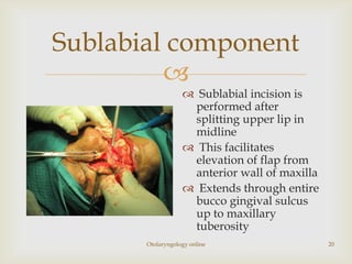 Sublabial component
         
                    Sublabial incision is
                    performed after
                    splitting upper lip in
                    midline
                    This facilitates
                    elevation of flap from
                    anterior wall of maxilla
                    Extends through entire
                    bucco gingival sulcus
                    up to maxillary
                    tuberosity
       Otolaryngology online                   20
 