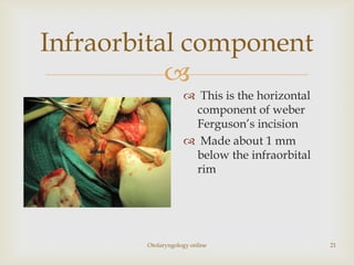 Infraorbital component
           
                     This is the horizontal
                     component of weber
                     Ferguson’s incision
                     Made about 1 mm
                     below the infraorbital
                     rim




        Otolaryngology online                  21
 