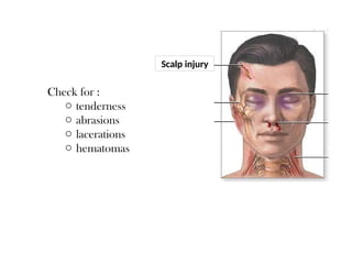 Scalp injury
Check for :
o tenderness
o abrasions
o lacerations
o hematomas
 