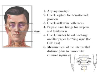 1. Any asymmetry?
2. Check septum for hematoma &
position
3. Check airflow in both nares
4. Palpate nasal bridge for crepitus
and tenderness
5. Check fluid or blood discharge
on filter paper for “ring sign” (for
CSF leak)
6. Measurement of the intercanthal
distance ( due to nasoorbital
ethmoid injuries)
Nose
 