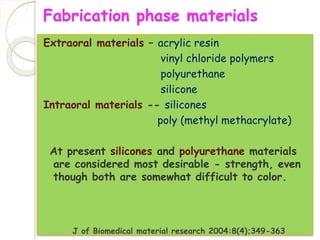 Fabrication phase materials 
Extraoral materials – acrylic resin 
vinyl chloride polymers 
polyurethane 
silicone 
Intraoral materials -- silicones 
poly (methyl methacrylate) 
At present silicones and polyurethane materials 
are considered most desirable - strength, even 
though both are somewhat difficult to color. 
J of Biomedical material research 2004:8(4);349-363 
 