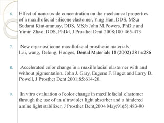 6. Effect of nano-oxide concentration on the mechanical properties 
of a maxillofacial silicone elastomer, Ying Han, DDS, MS,a 
Sudarat Kiat-amnuay, DDS, MS,b John M.Powers, PhD,c and 
Yimin Zhao, DDS, PhDd, J Prosthet Dent 2008;100:465-473 
7. New organosilicone maxillofacial prosthetic materials 
Lai, wang, Delong, Hodges, Dental Materials 18 (2002) 281 ±286 
8. Accelerated color change in a maxillofacial elastomer with and 
without pigmentation, John J. Gary, Eugene F. Huget and Larry D. 
Powell, J Prosthet Dent 2001;85:614-20. 
9. In vitro evaluation of color change in maxillofacial elastomer 
through the use of an ultraviolet light absorber and a hindered 
amine light stabilizer, J Prosthet Dent,2004 May;91(5):483-90 
 