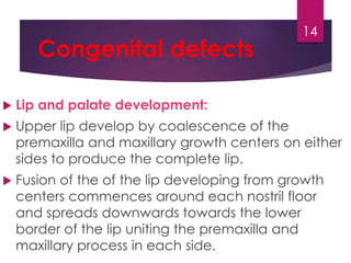 Congenital defects 
 Lip and palate development: 
 Upper lip develop by coalescence of the 
14 
premaxilla and maxillary growth centers on either 
sides to produce the complete lip. 
 Fusion of the of the lip developing from growth 
centers commences around each nostril floor 
and spreads downwards towards the lower 
border of the lip uniting the premaxilla and 
maxillary process in each side. 
 