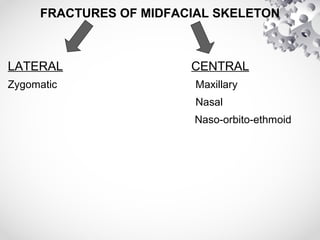 FRACTURES OF MIDFACIAL SKELETON
LATERAL CENTRAL
Zygomatic Maxillary
Nasal
Naso-orbito-ethmoid
 