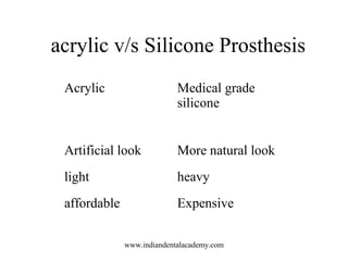 acrylic v/s Silicone Prosthesis
Acrylic Medical grade
silicone
Artificial look More natural look
light heavy
affordable Ex...