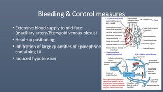Bleeding & Control measures
• Extensive blood supply to mid-face
(maxillary artery/Pterygoid venous plexus)
• Head-up positioning
• Infiltration of large quantities of Epinephrine
containing LA
• Induced hypotension
 