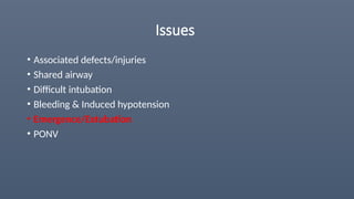 Issues
• Associated defects/injuries
• Shared airway
• Difficult intubation
• Bleeding & Induced hypotension
• Emergence/Extubation
• PONV
 