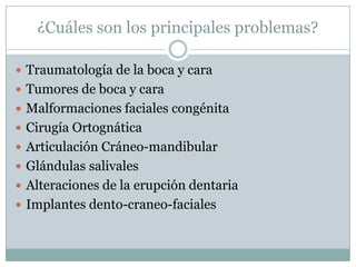 ¿Cuáles son los principales problemas?

 Traumatología de la boca y cara
 Tumores de boca y cara
 Malformaciones faciales congénita
 Cirugía Ortognática
 Articulación Cráneo-mandibular
 Glándulas salivales
 Alteraciones de la erupción dentaria
 Implantes dento-craneo-faciales
 