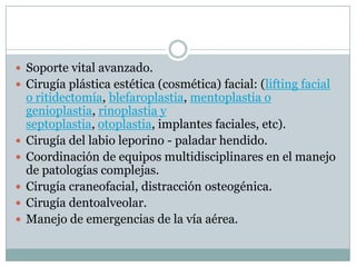  Soporte vital avanzado.
 Cirugía plástica estética (cosmética) facial: (lifting facial
    o ritidectomía, blefaroplastia, mentoplastia o
    genioplastia, rinoplastia y
    septoplastia, otoplastia, implantes faciales, etc).
   Cirugía del labio leporino - paladar hendido.
   Coordinación de equipos multidisciplinares en el manejo
    de patologías complejas.
   Cirugía craneofacial, distracción osteogénica.
   Cirugía dentoalveolar.
   Manejo de emergencias de la vía aérea.
 