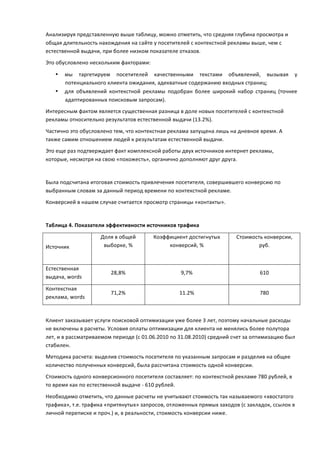 Анализируя	
  представленную	
  выше	
  таблицу,	
  можно	
  отметить,	
  что	
  средняя	
  глубина	
  просмотра	
  и	
  
общая	
  длительность	
  нахождения	
  на	
  сайте	
  у	
  посетителей	
  с	
  контекстной	
  рекламы	
  выше,	
  чем	
  с	
  
естественной	
  выдачи,	
  при	
  более	
  низком	
  показателе	
  отказов.	
  	
  
Это	
  обусловлено	
  нескольким	
  факторами:	
  

       •   мы	
   таргетируем	
   посетителей	
   качественными	
   текстами	
   объявлений,	
   вызывая	
   у	
  
           потенциального	
  клиента	
  ожидания,	
  адекватные	
  содержанию	
  входных	
  страниц;	
  	
  
       •   для	
   объявлений	
   контекстной	
   рекламы	
   подобран	
   более	
   широкий	
   набор	
   страниц	
   (точнее	
  
           адаптированных	
  поисковым	
  запросам).	
  
Интересным	
  фактом	
  является	
  существенная	
  разница	
  в	
  доле	
  новых	
  посетителей	
  с	
  контекстной	
  
рекламы	
  относительно	
  результатов	
  естественной	
  выдачи	
  (13.2%).	
  	
  

Частично	
  это	
  обусловлено	
  тем,	
  что	
  контекстная	
  реклама	
  запущена	
  лишь	
  на	
  дневное	
  время.	
  А	
  
также	
  самим	
  отношением	
  людей	
  к	
  результатам	
  естественной	
  выдачи.	
  	
  
Это	
  еще	
  раз	
  подтверждает	
  факт	
  комплексной	
  работы	
  двух	
  источников	
  интернет	
  рекламы,	
  
которые,	
  несмотря	
  на	
  свою	
  «похожесть»,	
  органично	
  дополняют	
  друг	
  друга.	
  
	
  
Была	
  подсчитана	
  итоговая	
  стоимость	
  привлечения	
  посетителя,	
  совершившего	
  конверсию	
  по	
  
выбранным	
  словам	
  за	
  данный	
  период	
  времени	
  по	
  контекстной	
  рекламе.	
  	
  
Конверсией	
  в	
  нашем	
  случае	
  считается	
  просмотр	
  страницы	
  «контакты».	
  	
  
	
  

Таблица	
  4.	
  Показатели	
  эффективности	
  источников	
  трафика	
  

                             Доля	
  в	
  общей	
         Коэффициент	
  достигнутых	
                 Стоимость	
  конверсии,	
  
Источник	
                    выборке,	
  %	
                  конверсий,	
  %	
                               руб.	
  

                                                                            	
  

Естественная	
  
                                   28,8%	
                               9,7%	
                                     610	
  
выдача,	
  words	
  

Контекстная	
  
                                   71,2%	
                              11.2%	
                                     780	
  
реклама,	
  words	
  

	
  
Клиент	
  заказывает	
  услуги	
  поисковой	
  оптимизации	
  уже	
  более	
  3	
  лет,	
  поэтому	
  начальные	
  расходы	
  
не	
  включены	
  в	
  расчеты.	
  Условия	
  оплаты	
  оптимизации	
  для	
  клиента	
  не	
  менялись	
  более	
  полутора	
  
лет,	
  и	
  в	
  рассматриваемом	
  периоде	
  (с	
  01.06.2010	
  по	
  31.08.2010)	
  средний	
  счет	
  за	
  оптимизацию	
  был	
  
стабилен.	
  
Методика	
  расчета:	
  выделив	
  стоимость	
  посетителя	
  по	
  указанным	
  запросам	
  и	
  разделив	
  на	
  общее	
  
количество	
  полученных	
  конверсий,	
  была	
  рассчитана	
  стоимость	
  одной	
  конверсии.	
  
Стоимость	
  одного	
  конверсионного	
  посетителя	
  составляет:	
  по	
  контекстной	
  рекламе	
  780	
  рублей,	
  в	
  
то	
  время	
  как	
  по	
  естественной	
  выдаче	
  -­‐	
  610	
  рублей.	
  	
  

Необходимо	
  отметить,	
  что	
  данные	
  расчеты	
  не	
  учитывают	
  стоимость	
  так	
  называемого	
  «хвостатого	
  
трафика»,	
  т.е.	
  трафика	
  «притянутых»	
  запросов,	
  отложенных	
  прямых	
  заходов	
  (с	
  закладок,	
  ссылок	
  в	
  
личной	
  переписке	
  и	
  проч.)	
  и,	
  в	
  реальности,	
  стоимость	
  конверсии	
  ниже.	
  	
  
 