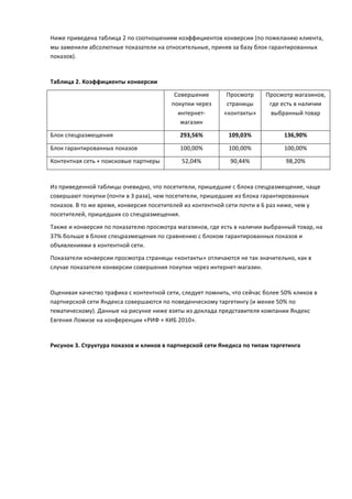 Ниже	
  приведена	
  таблица	
  2	
  по	
  соотношениям	
  коэффициентов	
  конверсии	
  (по	
  пожеланию	
  клиента,	
  
мы	
  заменили	
  абсолютные	
  показатели	
  на	
  относительные,	
  приняв	
  за	
  базу	
  блок	
  гарантированных	
  
показов).	
  
	
  	
  

Таблица	
  2.	
  Коэффициенты	
  конверсии	
  	
  

	
                                                              Совершение	
               Просмотр	
           Просмотр	
  магазинов,	
  
                                                               покупки	
  через	
          страницы	
            где	
  есть	
  в	
  наличии	
  
                                                                 интернет-­‐	
            «контакты»	
            выбранный	
  товар	
  
                                                                  магазин	
  

Блок	
  спецразмещения	
                                           293,56%	
                 109,03%	
                    136,90%	
  

Блок	
  гарантированных	
  показов	
                               100,00%	
                 100,00%	
                    100,00%	
  

Контентная	
  сеть	
  +	
  поисковые	
  партнеры	
                  52,04%	
                  90,44%	
                     98,20%	
  

	
  
Из	
  приведенной	
  таблицы	
  очевидно,	
  что	
  посетители,	
  пришедшие	
  с	
  блока	
  спецразмещение,	
  чаще	
  
совершают	
  покупки	
  (почти	
  в	
  3	
  раза),	
  чем	
  посетители,	
  пришедшие	
  из	
  блока	
  гарантированных	
  
показов.	
  В	
  то	
  же	
  время,	
  конверсия	
  посетителей	
  из	
  контентной	
  сети	
  почти	
  в	
  6	
  раз	
  ниже,	
  чем	
  у	
  
посетителей,	
  пришедших	
  со	
  спецразмещения.	
  
Также	
  и	
  конверсия	
  по	
  показателю	
  просмотра	
  магазинов,	
  где	
  есть	
  в	
  наличии	
  выбранный	
  товар,	
  на	
  
37%	
  больше	
  в	
  блоке	
  спецразмещения	
  по	
  сравнению	
  с	
  блоком	
  гарантированных	
  показов	
  и	
  
объявлениями	
  в	
  контентной	
  сети.	
  
Показатели	
  конверсии	
  просмотра	
  страницы	
  «контакты»	
  отличаются	
  не	
  так	
  значительно,	
  как	
  в	
  
случае	
  показателя	
  конверсии	
  совершения	
  покупки	
  через	
  интернет-­‐магазин.	
  
	
  

Оценивая	
  качество	
  трафика	
  с	
  контентной	
  сети,	
  следует	
  помнить,	
  что	
  сейчас	
  более	
  50%	
  кликов	
  в	
  
партнерской	
  сети	
  Яндекса	
  совершаются	
  по	
  поведенческому	
  таргетингу	
  (и	
  менее	
  50%	
  по	
  
тематическому).	
  Данные	
  на	
  рисунке	
  ниже	
  взяты	
  из	
  доклада	
  представителя	
  компании	
  Яндекс	
  
Евгения	
  Ломизе	
  на	
  конференции	
  «РИФ	
  +	
  КИБ	
  2010».	
  
	
  
Рисунок	
  3.	
  Структура	
  показов	
  и	
  кликов	
  в	
  партнерской	
  сети	
  Янедкса	
  по	
  типам	
  таргетинга	
  

	
  
 