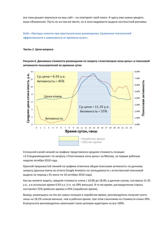 все-­‐таки	
  решает	
  вернуться	
  на	
  ваш	
  сайт	
  –	
  он	
  повторяет	
  свой	
  поиск.	
  И	
  здесь	
  ему	
  нужно	
  увидеть	
  
ваше	
  объявление.	
  Пусть	
  не	
  на	
  том	
  же	
  месте,	
  но	
  в	
  зоне	
  видимости	
  выдачи	
  контекстной	
  рекламы.	
  
	
  
Кейс:	
  «Выгоды	
  клиента	
  при	
  круглосуточном	
  размещении.	
  Сравнение	
  показателей	
  
эффективности	
  в	
  зависимости	
  от	
  времени	
  суток».	
  
	
  
Часть	
  1.	
  Цена	
  вопроса.	
  

	
  
Рисунок	
  6.	
  Динамика	
  стоимости	
  размещения	
  по	
  запросу	
  «пластиковые	
  окна	
  цены»	
  и	
  поисковой	
  
активности	
  пользователей	
  по	
  времени	
  суток	
  




                                                                                                                                          	
  
Сплошной	
  синей	
  линией	
  на	
  графике	
  представлена	
  средняя	
  стоимость	
  позиции	
  
«2	
  Спецразмещения»	
  по	
  запросу	
  «Пластиковые	
  окна	
  цены»	
  на	
  Москву,	
  за	
  первую	
  рабочую	
  
неделю	
  октября	
  2010	
  года.	
  
Красной	
  прерывистой	
  линией	
  на	
  графике	
  отмечена	
  общая	
  поисковая	
  активность	
  по	
  данному	
  
запросу	
  (данные	
  взяты	
  из	
  отчета	
  Google	
  Analytics	
  по	
  посещаемости	
  с	
  естественной	
  поисковой	
  
выдачи	
  за	
  период	
  с	
  01	
  июня	
  по	
  10	
  октября	
  2010	
  года).	
  
Как	
  вы	
  можете	
  видеть,	
  средняя	
  стоимость	
  клика	
  с	
  10.00	
  до	
  18.00,	
  в	
  данном	
  случае,	
  составила	
  11.35	
  
у.е.,	
  а	
  в	
  остальное	
  время	
  6.93	
  у.е.	
  (т.е.	
  на	
  39%	
  меньше).	
  В	
  то	
  же	
  время,	
  распределение	
  спроса	
  
составляет	
  55%	
  (рабочее	
  время)	
  и	
  45%	
  (нерабочее	
  время).	
  
Вывод:	
  размещаясь	
  на	
  тех	
  же	
  самых	
  позиция	
  в	
  нерабочее	
  время,	
  рекламодатель	
  получает	
  всего	
  
лишь	
  на	
  18.2%	
  кликов	
  меньше,	
  чем	
  в	
  рабочее	
  время,	
  при	
  этом	
  сэкономив	
  на	
  стоимости	
  клика	
  39%.	
  
В	
  результате	
  рекламодатель	
  охватывает	
  свою	
  целевую	
  аудитории	
  на	
  все	
  100%.	
  
	
  
 