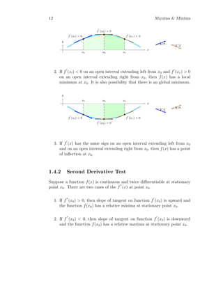 12 Maxima  Minima
x
y
b
b
b
xl x0 xr
f
′
(xl)  0
f
′
(x0) = 0
f
′
(xr)  0
+θ
−θ
2. If f
′
(xl)  0 on an open interval extending left from x0 and f
′
(xr)  0
on an open interval extending right from x0, then f(x) has a local
minimum at x0. It is also possibility that there is an global minimum.
x
y
b
b
b
xl x0 xr
f
′
(xl)  0
f
′
(x0) = 0
f
′
(xr)  0
−θ
+θ
3. If f
′
(x) has the same sign on an open interval extending left from x0
and on an open interval extending right from x0, then f(x) has a point
of inflection at x0.
1.4.2 Second Derivative Test
Suppose a function f(x) is continuous and twice differentiable at stationary
point x0. There are two cases of the f
′′
(x) at point x0.
1. If f
′′
(x0)  0, then slope of tangent on function f
′
(x0) is upward and
the function f(x0) has a relative minima at stationary point x0.
2. If f
′′
(x0)  0, then slope of tangent on function f
′
(x0) is downward
and the function f(x0) has a relative maxima at stationary point x0.
 